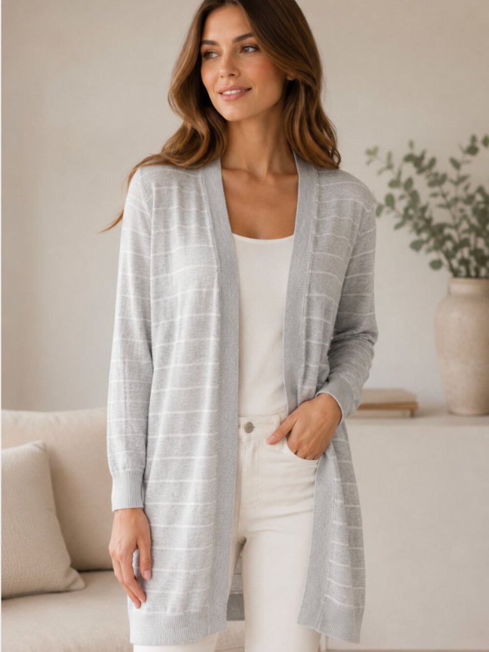 Talbots Heather Gray Knit Duster Long Cardigan Sweater 100% Pima Cotton